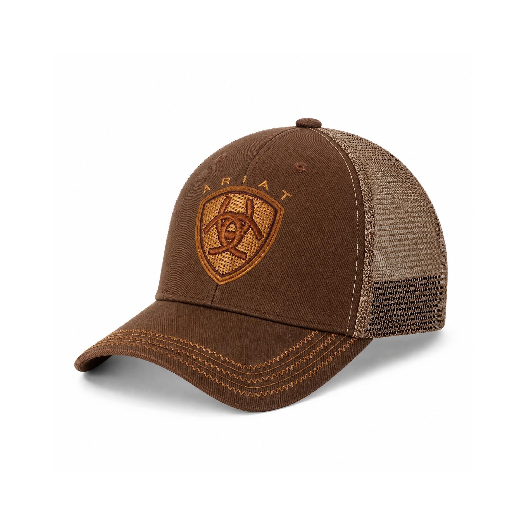 ARIAT Men's Oilskin Trucker Cap with Embroidered Shield Logo, Curved Brim, Strapback, Brown, One Size