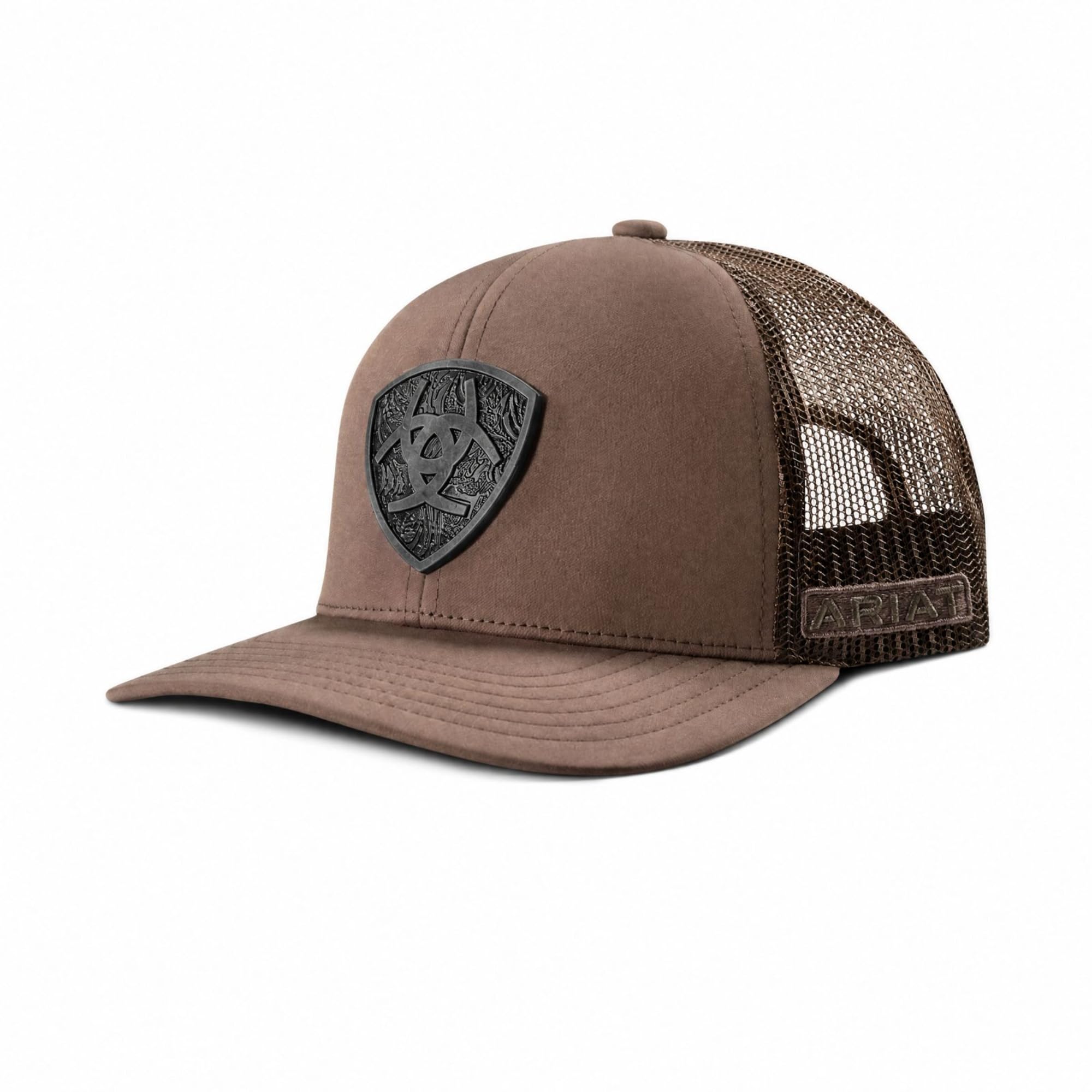 ARIAT Men's Metal Shield Cap, Snapback, Structured, Mesh Back, Brown, One Size