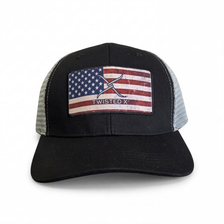 Twisted X Men's Patriotic American Flag Trucker Hat - Black/Tan Mesh Snapback Cap with Distressed USA Flag Patch Logo - Breathable Adjustable Ball Cap XC-173