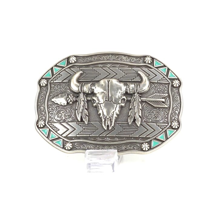 Nocona Men's Rectangle Belt Buckle, Bull Skull Design with Engraved Floral Pattern and Turquoise Accents, 2-1/2" x 3-1/2"