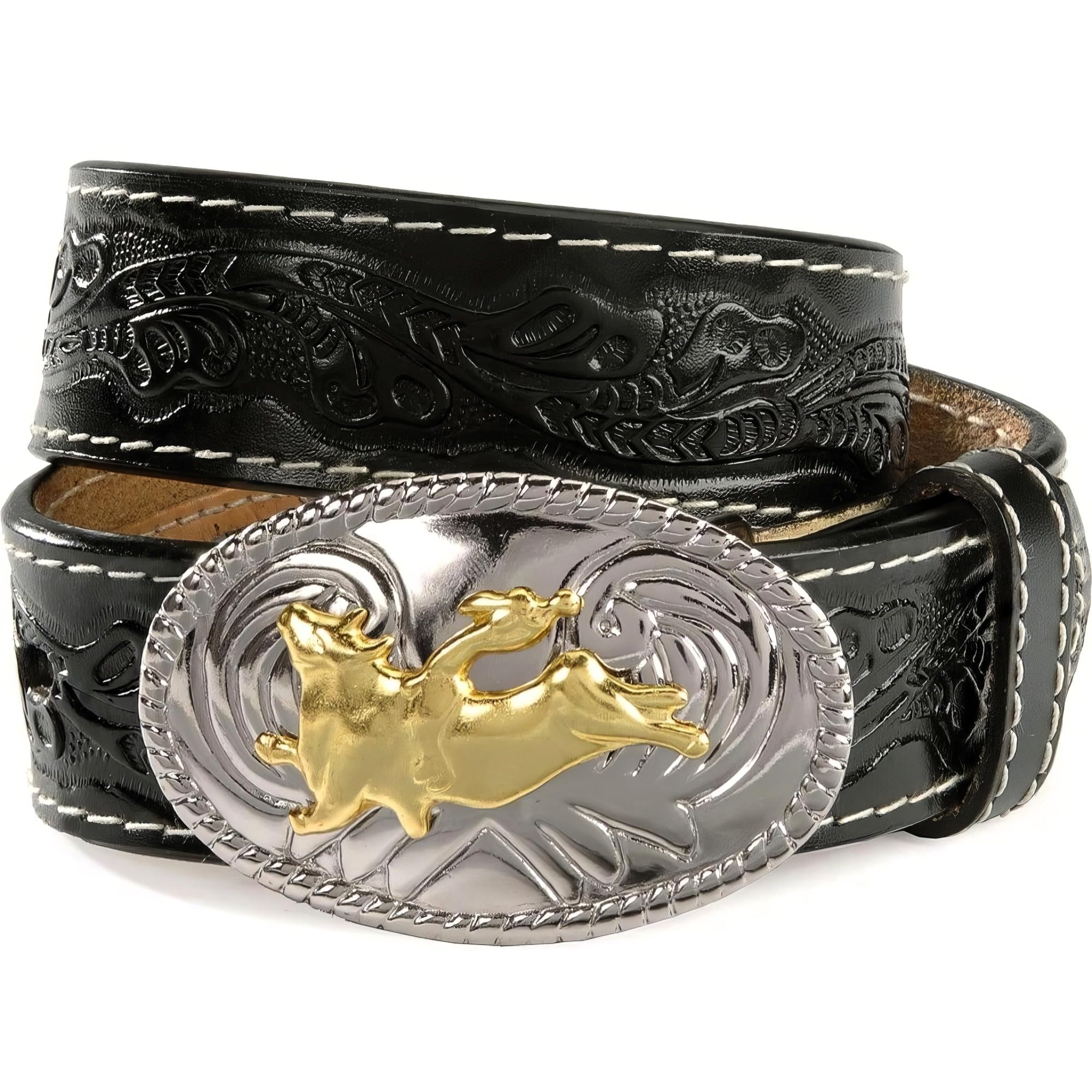 Nocona Boys Tooled Bull Rider Floral Leather Belt Black N4410401