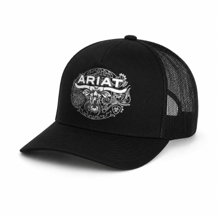 ARIAT Men's Longhorn Paisley Trucker Cap, Snapback, Black