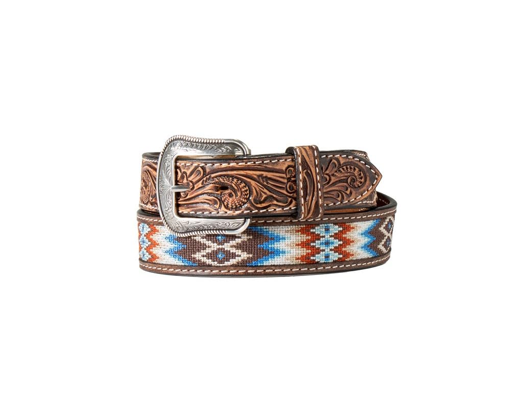 3D Belt Men's MENS BELT 1 1/2" HAND TOOLED SCROLL EMBROIDERED INLAY BROWN