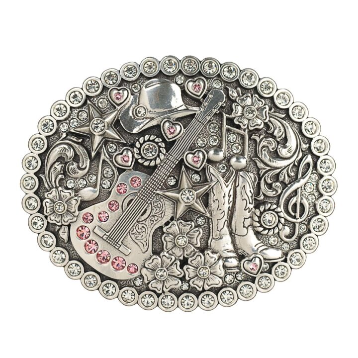 Blazin Roxx Women's Musical Western Buckle, Crystal Embellished with Beaded Edge (Antique Silver, 3-1/8" x 3-5/8")