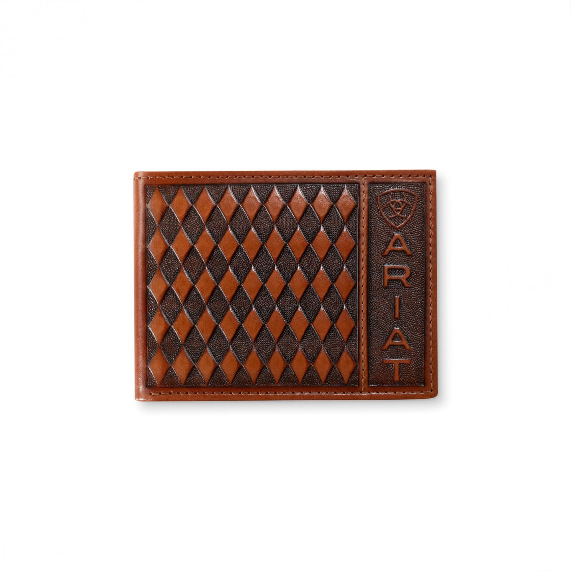 ARIAT Men's Diamond Embossed Bifold Wallet, Removable Passcase, Genuine Leather, Shield Logo, Brown