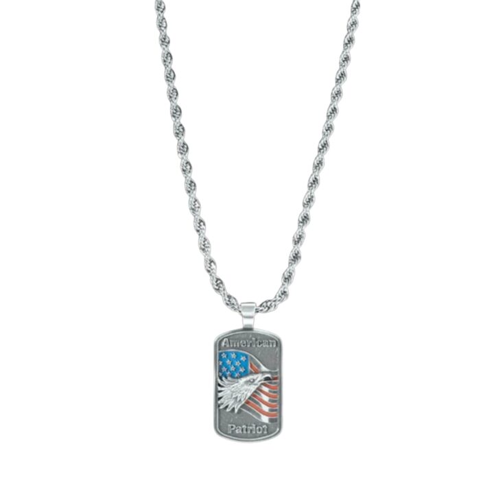 TWİSTER Men's American Patriot Eagle Flag Pendant Necklace, Stainless Steel Rope Chain, 24 Inch, Silver