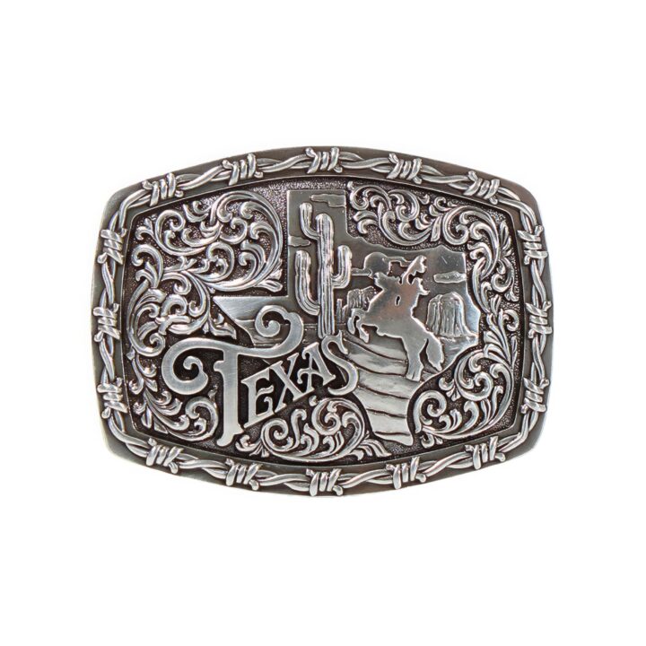 Nocona Men's Texas Bucking Horse Buckle with Barbed Wire Design (Silver, 3" x 3-1/2")
