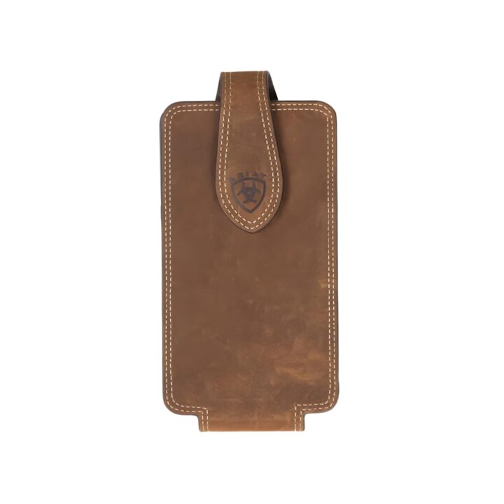 ARIAT Double Stitch Edge Concho Leather Cell Phone Case – Fits iPhone 17 Pro Max/Galaxy S24 Ultra & Similar Large Phones | Magnetic Flap | 360° Belt Clip | Medium Brown, Large (3-3/4 x 6-3/4 in)