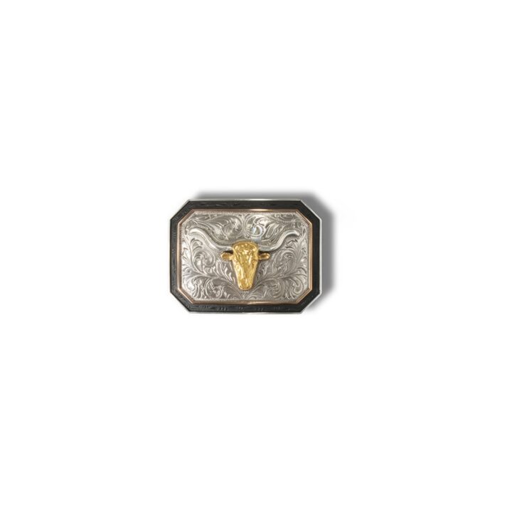 ARIAT Men's Rectangle Buckle with Longhorn Motif, Antique Silver and Gold