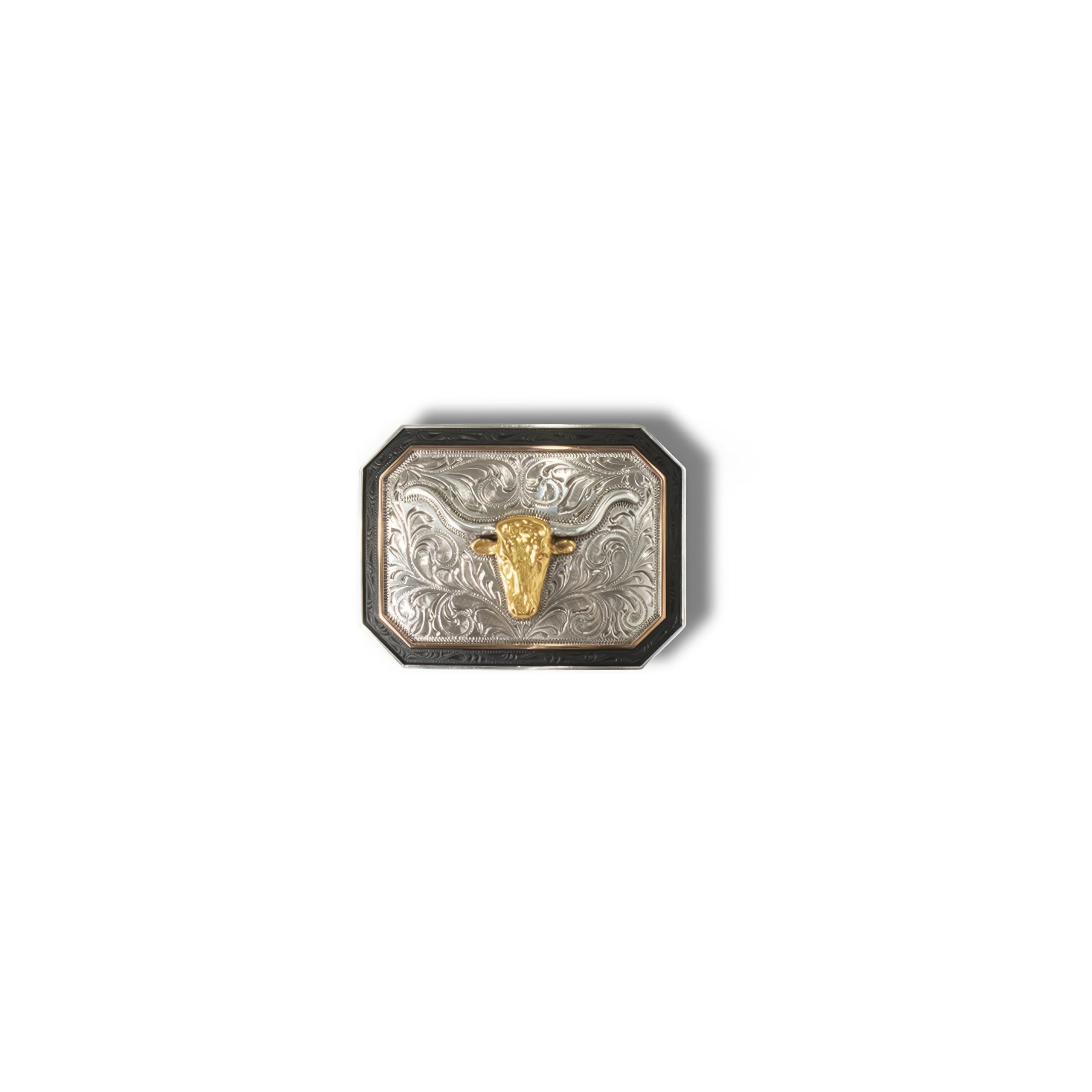 ARIAT Men's Rectangle Buckle with Longhorn Motif, Antique Silver and Gold