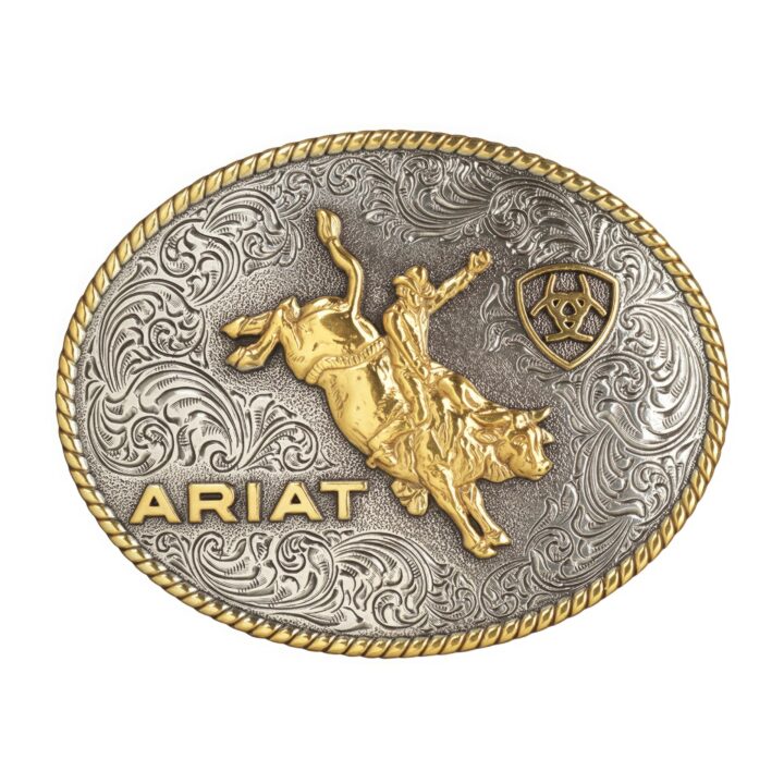 ARIAT Oval Buckle, Bull Rider Motif, Rope Edge, Silver and Gold, 4 x 3