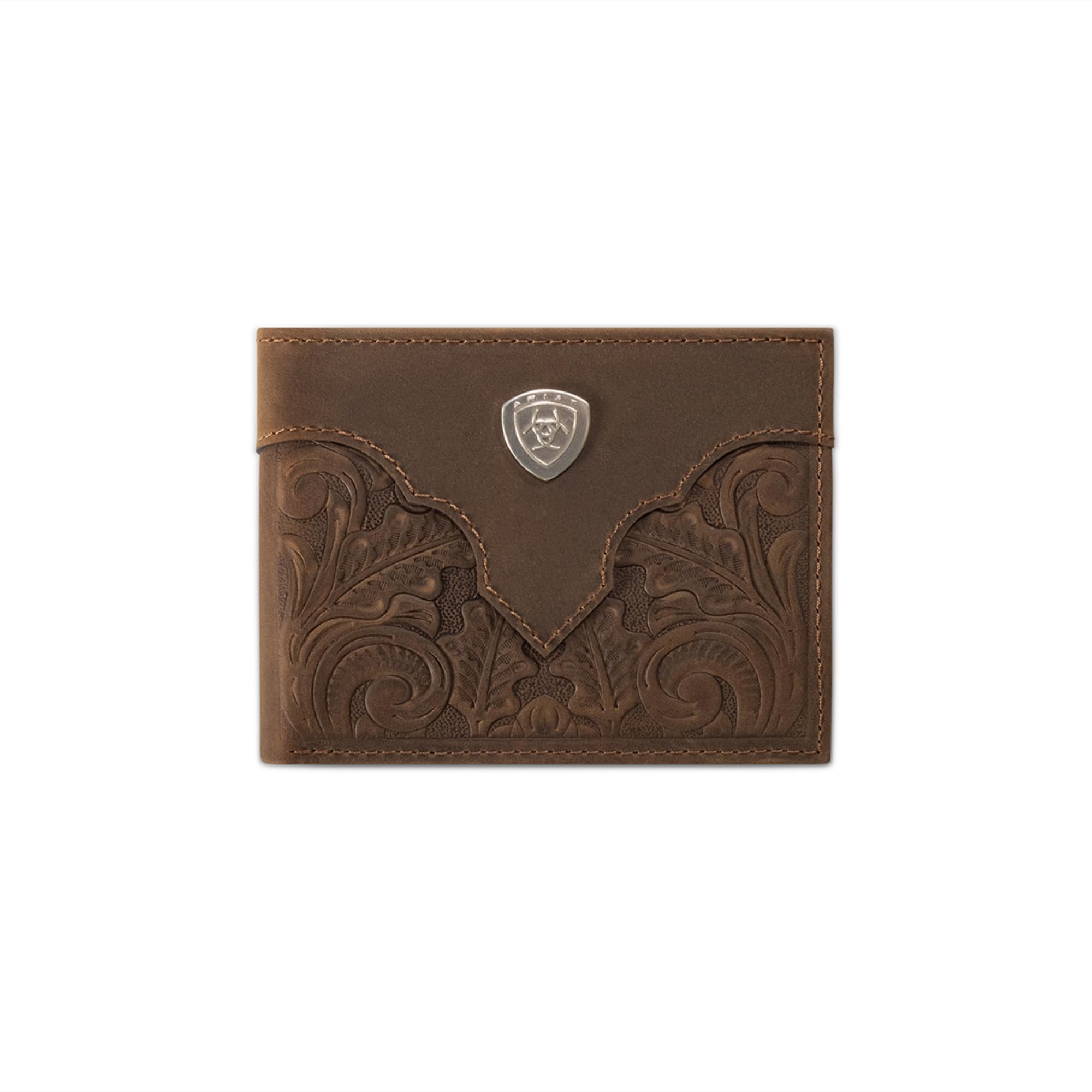 ARIAT Men's Scroll Embossed Overlay Bifold Wallet with Removable Pass Case, Leather, Medium Brown