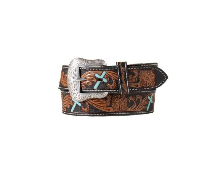 Nocona Belt Co. Men's Hand Tooled Turquoise Crosses Belt, Black, 36