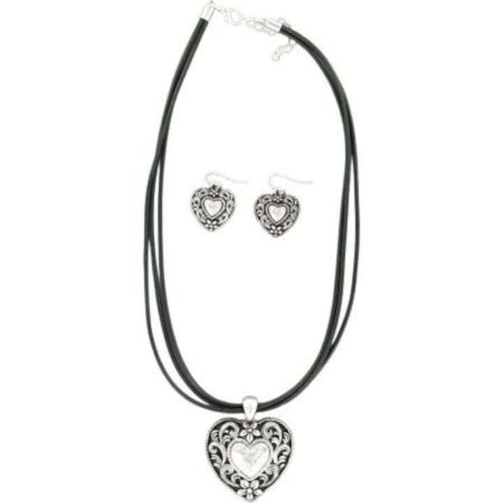 Blazin Roxx 29433 Heart Pendant Leather Corded Jewelry Set Black/Silver