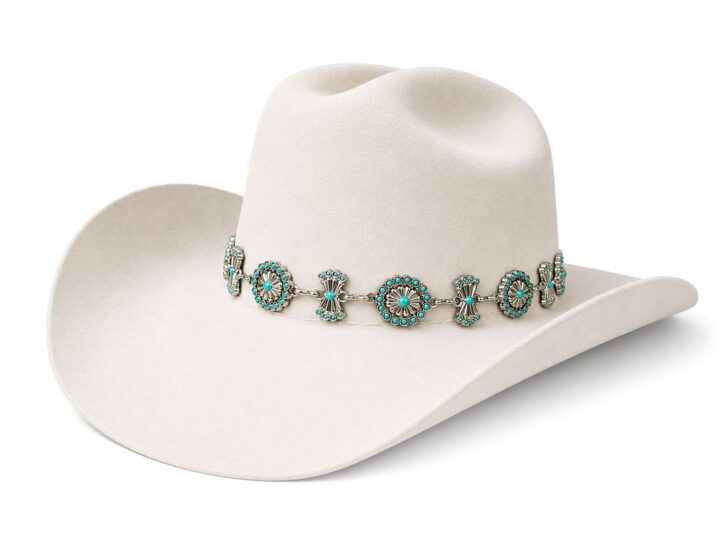 3D Belt Western Hatband, Turquoise Inlaid Conchos, Silver Finish, Adjustable Lobster Claw Closure, One Size