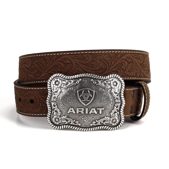 ARIAT Men's Floral Embossed Leather Belt, Silver Buckle