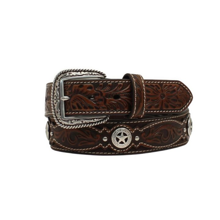 ARIAT Men's Leather Belt w/Floral Embossed Patches & Star Conchos, Brown, 32