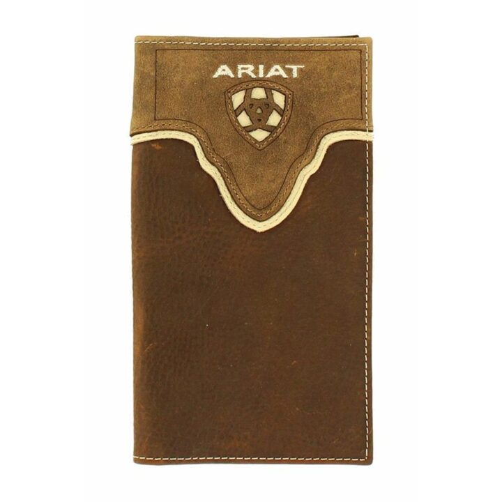 Ariat Men's Rodeo Wallet, Distressed Leather, Ivory Trim, Embroidered Lettering with Cutout Shield Logo, Multiple Compartments, ID Slot