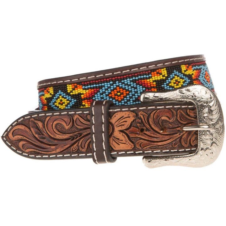 Western Fashion Accessories Men's Beaded Floral Tooled Belt Brown 32