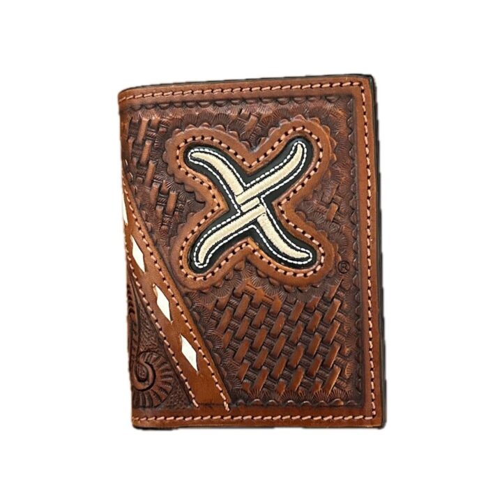 Twisted X XWH1T Men's Tri-Fold Wallet Tooled Leather Basketweave Brown with Logo Inlay