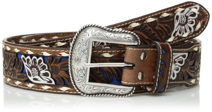 Nocona Belt Co. Nocona Buckstitch Edge Inlay Paited Flower Belt Accessory, Blue, 44