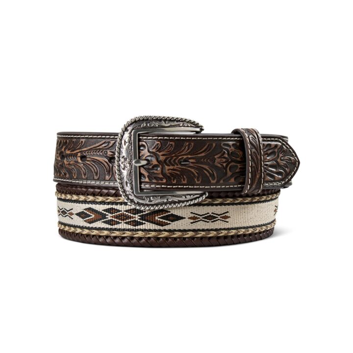 ARIAT Men's Southwest Diamond Horsehair Inlay Belt, Whip Stitch Edge, Antique Silver Buckle, Brown, 40