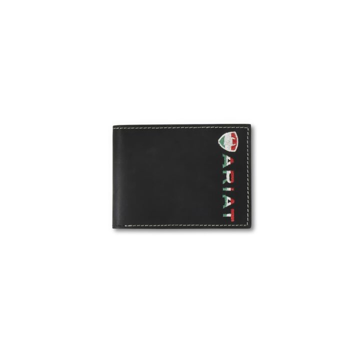ARIAT Men's Genuine Leather Mexico Flag Embroidery Bifold Wallet