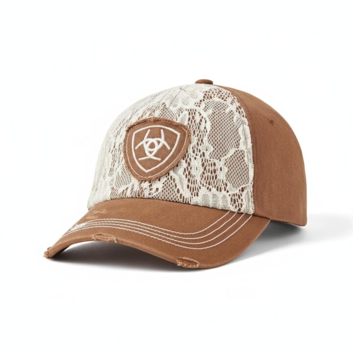 ARIAT Women's Lace Overlay Baseball Cap, Shield Logo Patch, Velcro, Brown