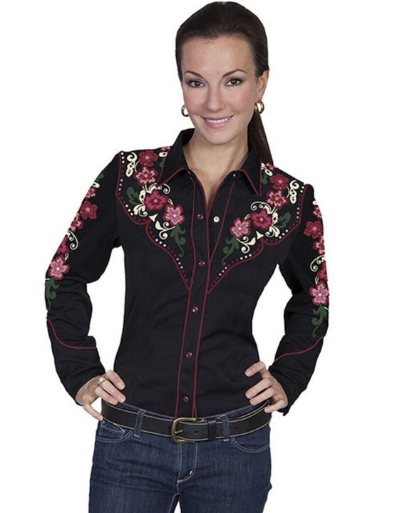 Scully Women's Floral Embroidered Western Blouse Black Large