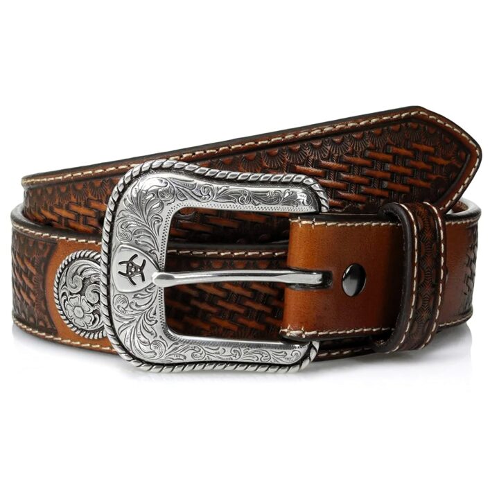 ARIAT Men's Basketweave Western Leather Belt, Floral Conchos