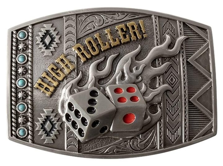 Nocona Mens Buckle Rectangle High Roller Engraved Dice on Fire Turquoise Stones
