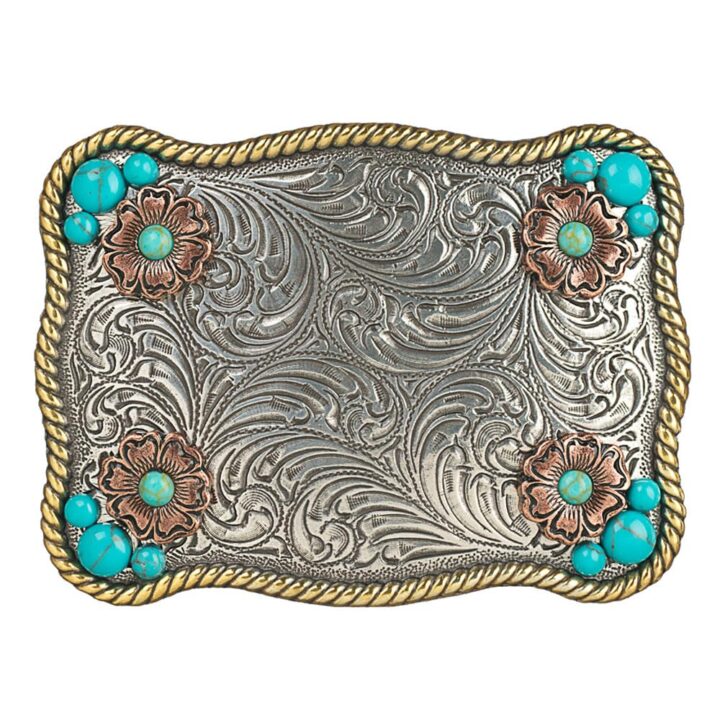 Nocona Women's Scrolling Pattern Buckle with Turquoise Stone Flowers and Rope Edge (2-3/4" x 3-3/4")