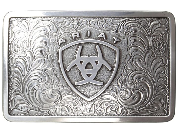 ARIAT Rectangular Logo Buckle, Bright-Cut Filigree Swirls, 3-3/8 x 2-1/8