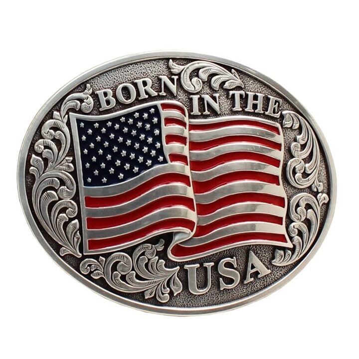 Nocona Scrolling 4 in X 3 in Mens Belt Oval Buckle USA Flag Silver