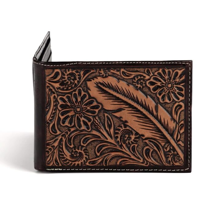 ARIAT Men's Bifold Wallet, Genuine Leather, Feather Embossed, Brown