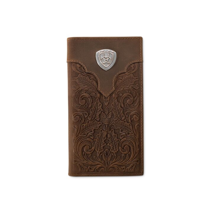 ARIAT Men's Shield Concho Floral Embossed Rodeo Checkbook Wallet, Genuine Leather, 11 Card Slots, 6.75 x 3.75 in, Brown