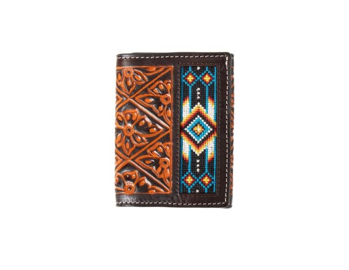 3D Belt Trifold Floral Hand-Tooled Embroidery Wallet, Brown/Black