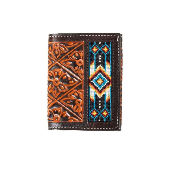 3D Belt Trifold Floral Hand-Tooled Embroidery Wallet, Brown/Black
