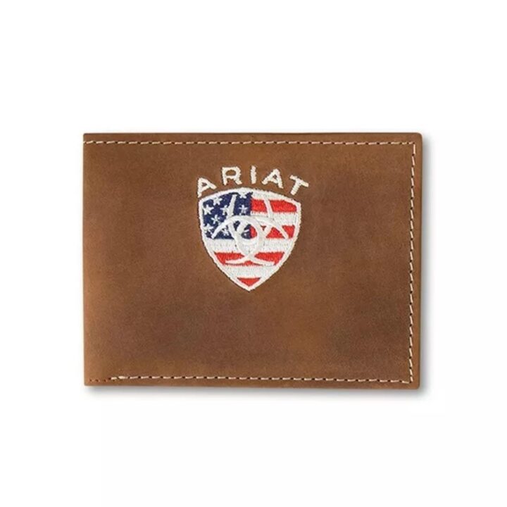 ARIAT Men's Leather Bifold Wallet with American Flag Shield Embroidery