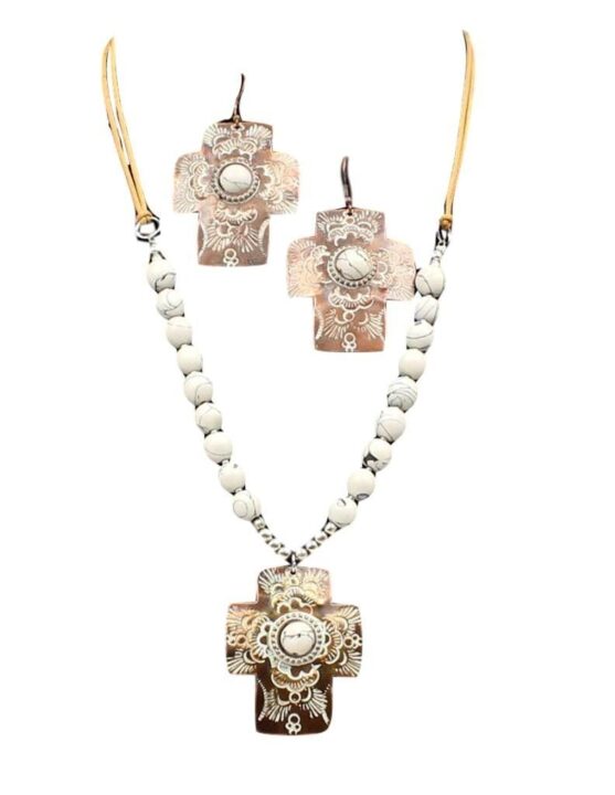 M&F Western Products Chocolate and White Cross Concho w/Beads Necklace/Earrings Set Brown/White One Size