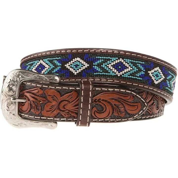 Western Fashion Accessories Mens Brown Belt With Blue And Turquoise Beading XIBB101 Brown 34