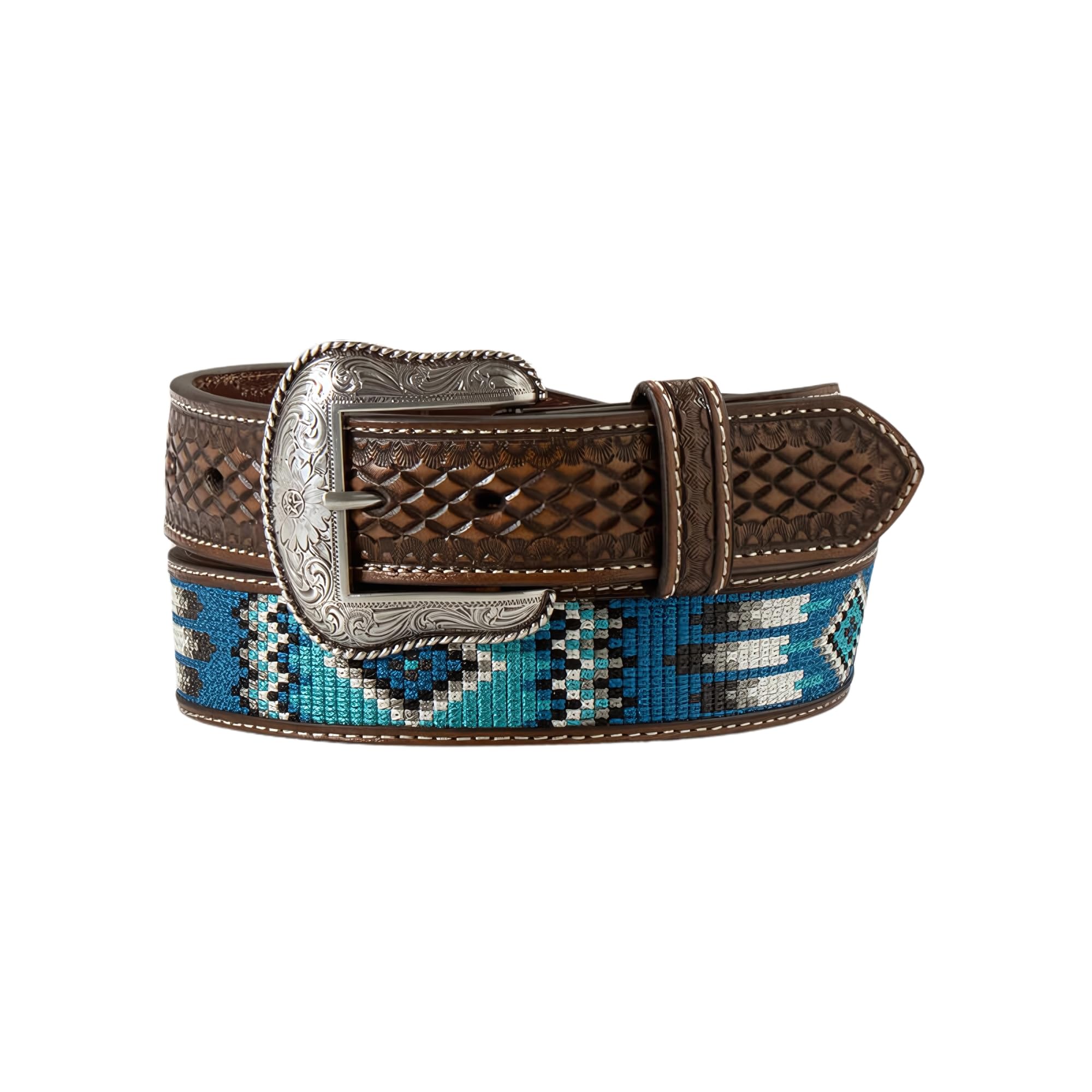 ARIAT Men's Southwestern Embroidered Leather Belt with Tooled Tabs, Blue/Teal Pattern, 40
