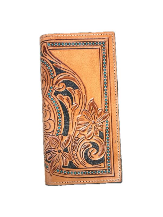 Ranger Belt Company H-03 Ladies Long Rodeo Style Brown Wallet Tooled Floral Leather with Painted Turquoise Studs