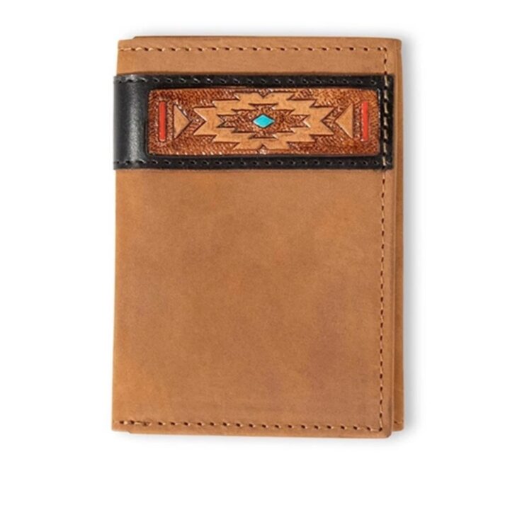 ARIAT Trifold Southwest Red/Turquoise Accent Wallet, Aged Black