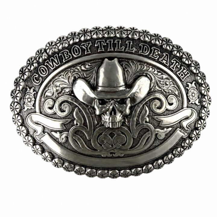 ARIAT Crumrine Men's Skull Cowboy Buckle with 'Cowboy Till Death' Text (Silver, 2-3/4" x 3-3/4")