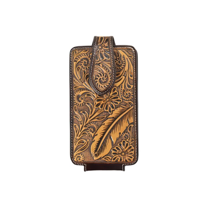 ARIAT Floral & Feather Leather Cell Phone Case, Belt Clip, Brown, Large