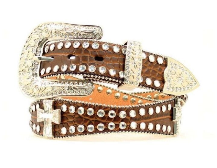 Blazin Roxx Women's Scalloped Rhinestone Cross Crocodile Print Belt Brown Large
