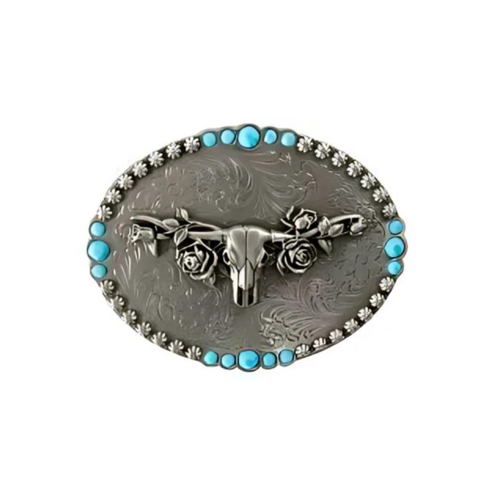 M&F Western Products Blazin Roxx Longhorn Skull Roses Turquoise Belt Buckle
