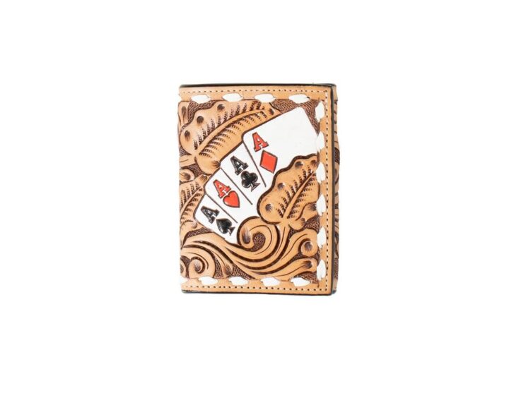 3D Belt Mens Trifold Wallet Hand Painted Ace Cards, Natural