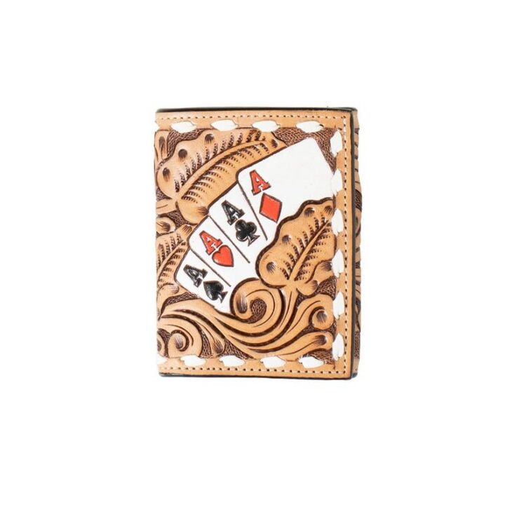 3D Belt Mens Trifold Wallet Hand Painted Ace Cards, Natural